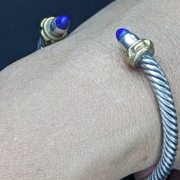 Vintage Mexico 925 Sterling Silver With Lapis Stone Rope Cuff Bracelet - Picture 3 of 13